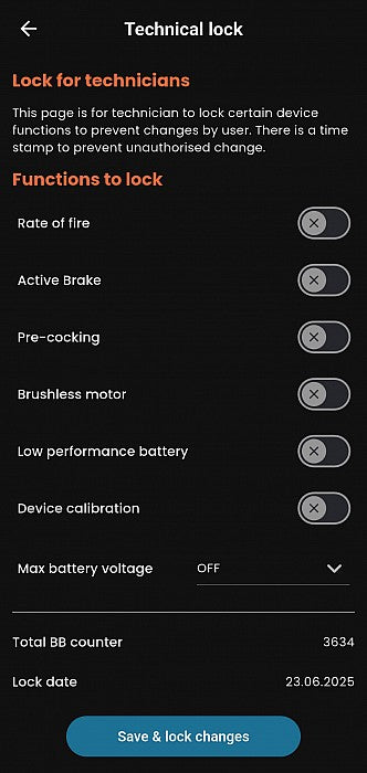 Jefftron Scylla V2 technical lock settings screen in programming app showing locked functions and configuration options
