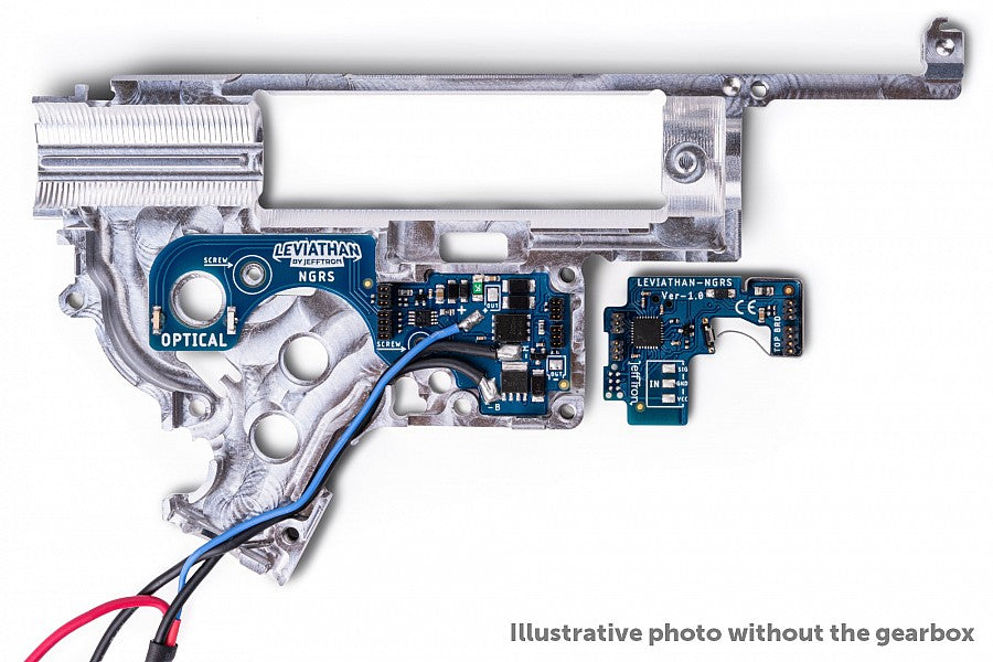 Jefftron Leviathan NGRS optical MOSFET layout showing control board and wiring in Tokyo Marui Next Gen Recoil Shock gearbox