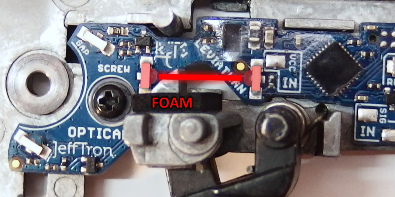 Jefftron Leviathan V3 hair trigger modification showing input contact points and foam placement for external trigger setup