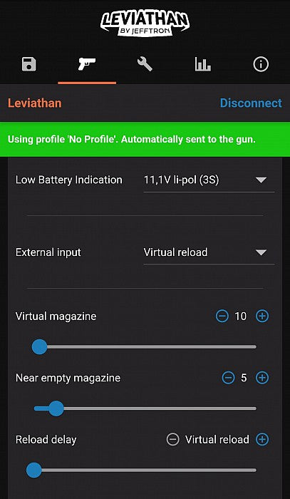 Jefftron Leviathan V3 optical MOSFET Bluetooth app advanced settings showing battery indication virtual magazine and reload delay