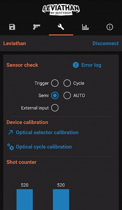 Jefftron Leviathan V3 optical MOSFET Bluetooth app calibration and sensor check screen with shot counter