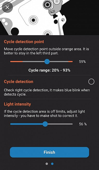 Jefftron Leviathan V3 optical MOSFET Bluetooth app cycle calibration screen showing cycle detection point and light intensity adjustment
