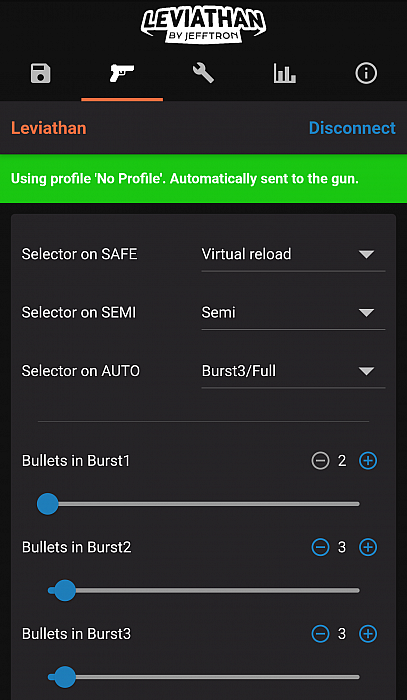 Jefftron Leviathan V3 optical MOSFET Bluetooth app interface showing fire mode and burst settings