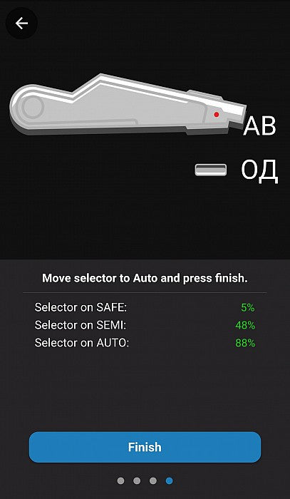 Jefftron Leviathan V3 optical MOSFET Bluetooth app selector calibration step showing safe semi and auto position detection
