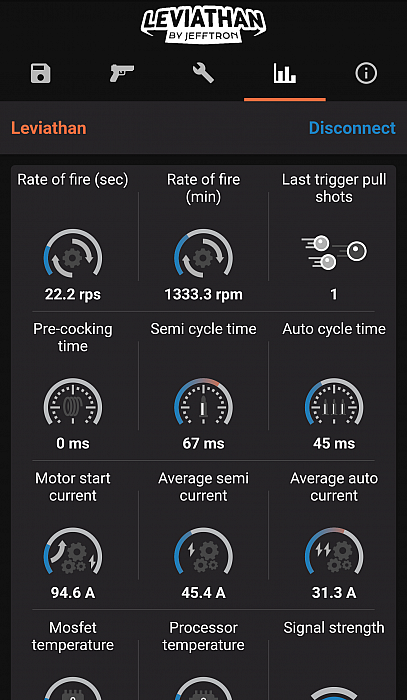 Jefftron Leviathan V3 optical MOSFET Bluetooth app statistics screen showing rate of fire cycle time current draw and temperature data