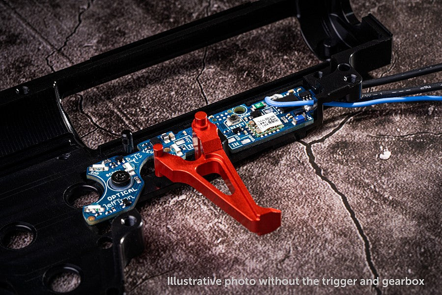 Jefftron Leviathan V3 optical MOSFET ETU showing trigger position and sensor alignment in V3 gearbox