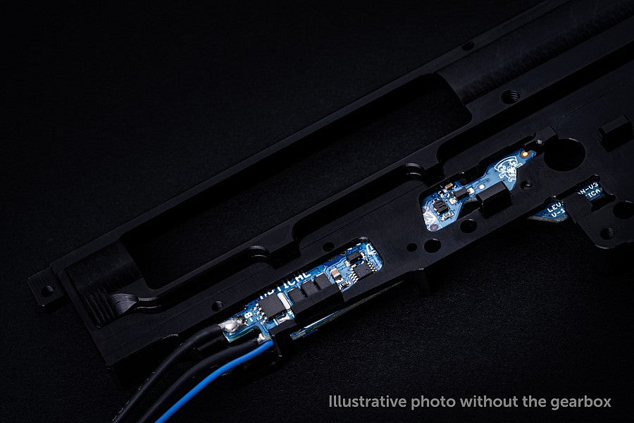 Jefftron Leviathan V3 optical MOSFET ETU installed in V3 gearbox rear detail on dark background