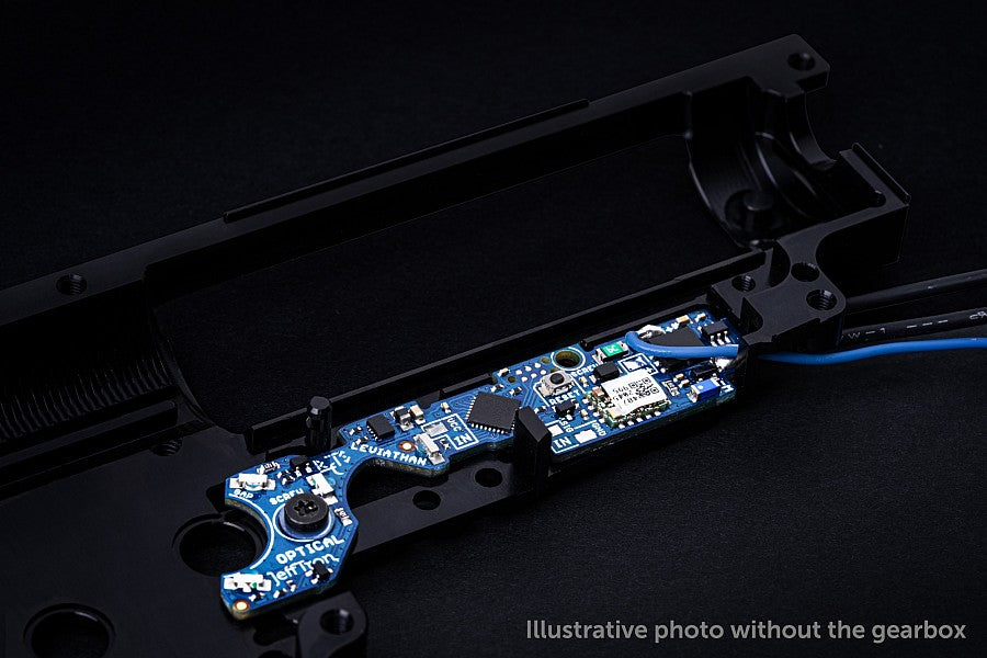 Jefftron Leviathan V3 optical MOSFET ETU installed in V3 gearbox close up detail on dark background