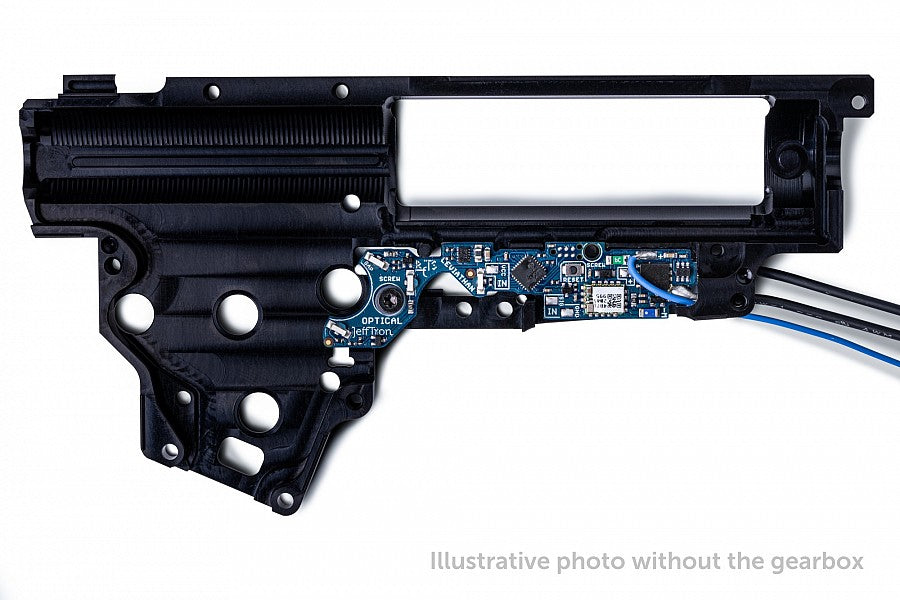 Jefftron Leviathan V3 optical MOSFET ETU installed in full V3 airsoft gearbox showing fitment and wire routing