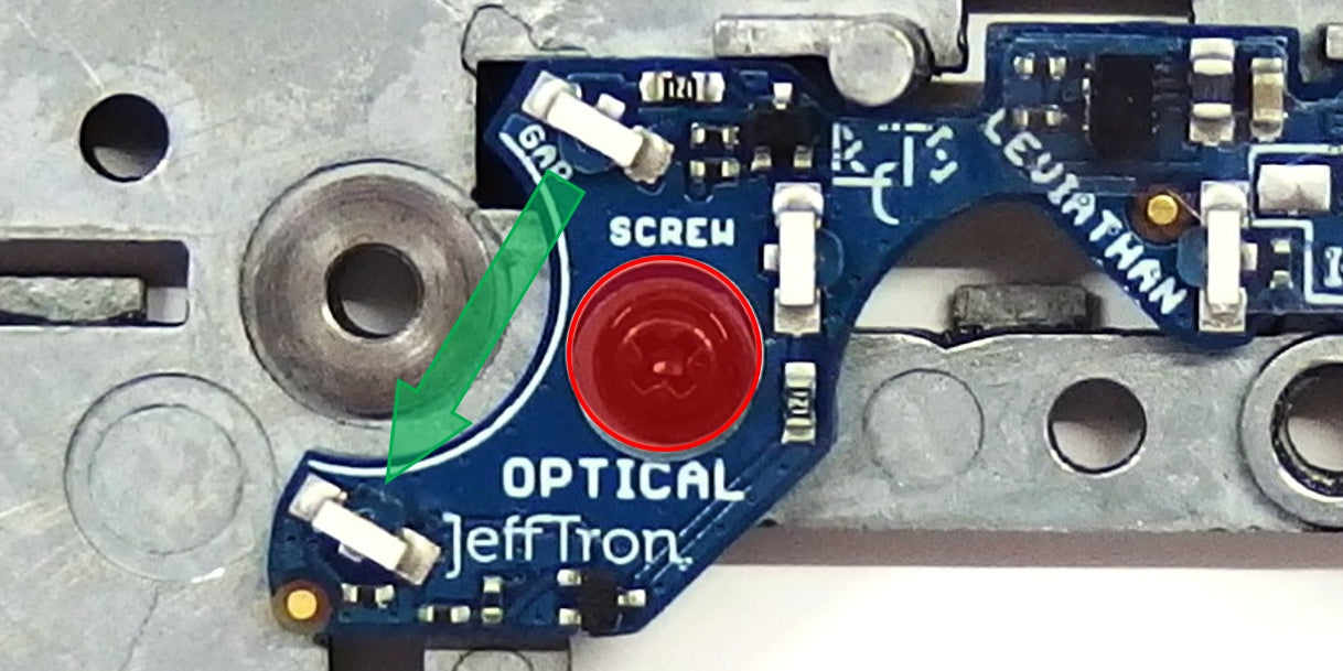 Jefftron Leviathan V3 optical sensor position and adjustment screw for correct cycle detection alignment