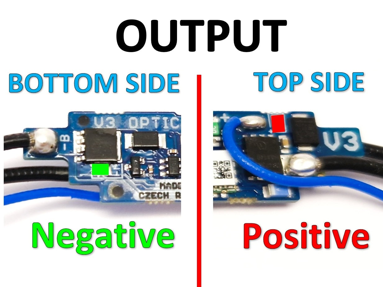 Jefftron Leviathan V3 MOSFET output wiring showing positive and negative connections on top and bottom sides