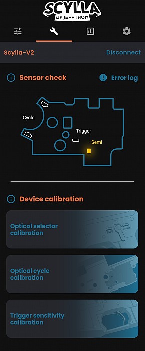 Jefftron Scylla V2 calibration screen in programming app showing sensor check and trigger sensitivity settings