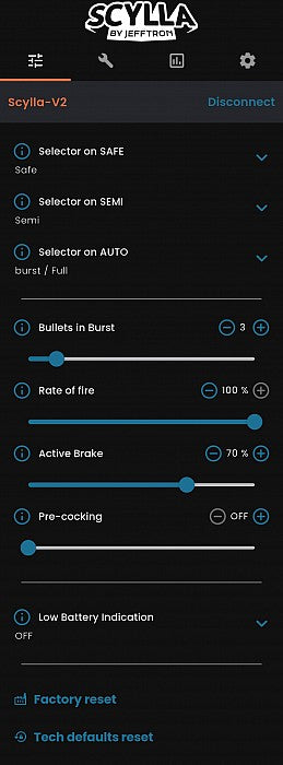 Jefftron Scylla V2 programming app interface showing trigger settings and configuration options