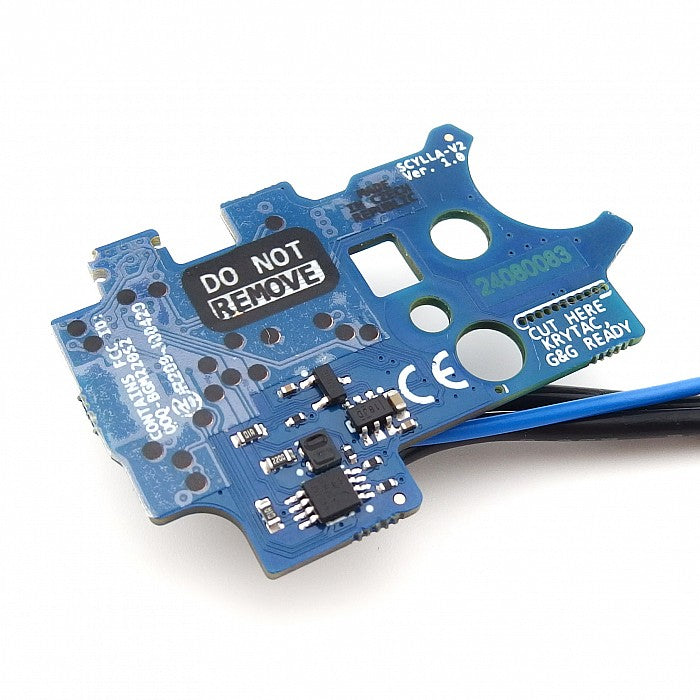 Jefftron Scylla V2 rear wired ETU board for AEG gearbox showing MOSFET components and wiring connections