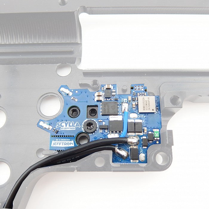 Jefftron Scylla V2 rear wired MOSFET installed in V2 AEG gearbox for high performance builds showing full board placement and wiring routing