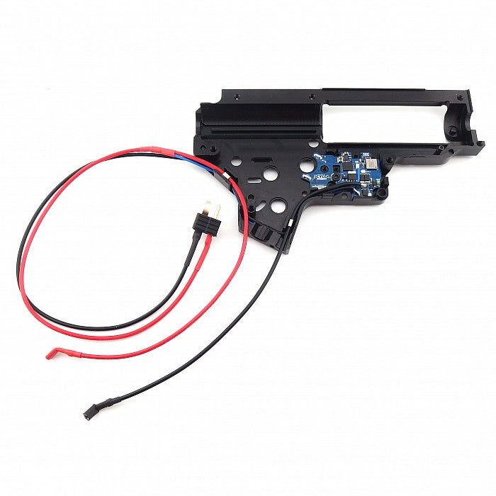 Jefftron Scylla V2 rear wired MOSFET installed in V2 AEG gearbox showing full wiring layout and connector routing