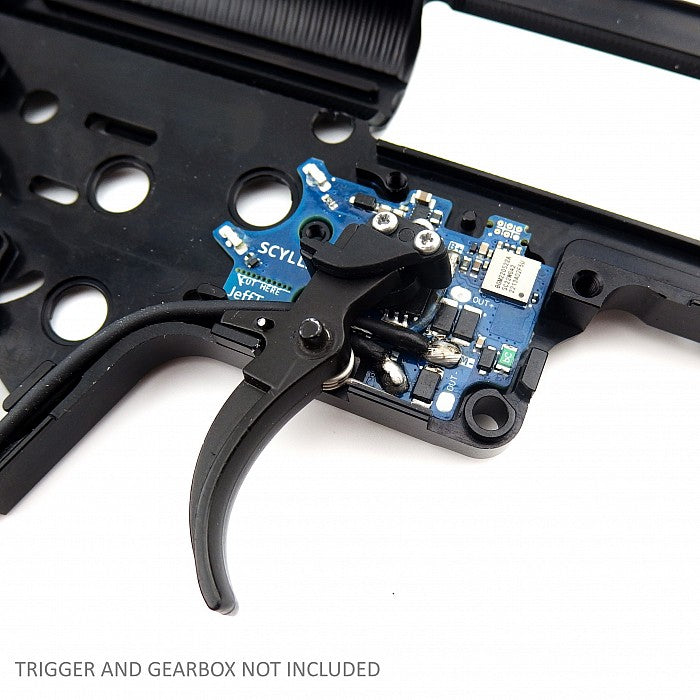 Jefftron Scylla V2 rear wired MOSFET installed with trigger in V2 AEG gearbox showing trigger interaction and ETU positioning
