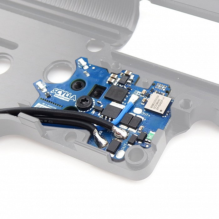 Jefftron Scylla V2 rear wired MOSFET installed in V2 AEG gearbox for high performance builds showing wiring routing and ETU placement