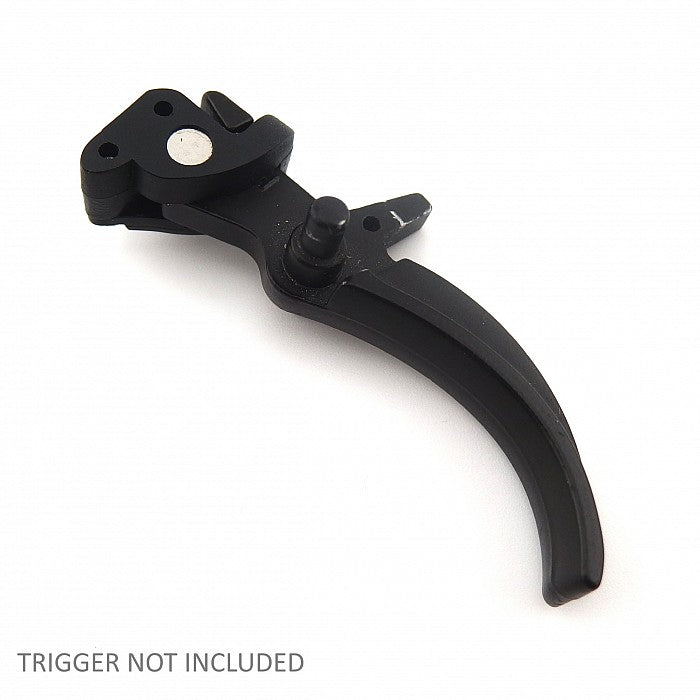 Backside of Jefftron Scylla V2 rear wired trigger adapter installed on AEG trigger showing mounting surface and contact point