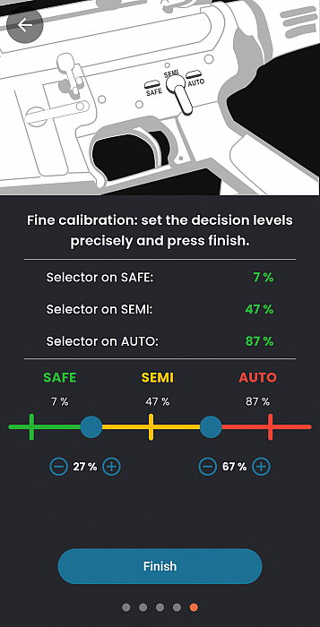 Jefftron Scylla V2 selector calibration screen in programming app showing SAFE SEMI AUTO adjustment levels