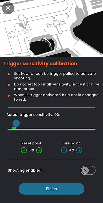 Jefftron Scylla V2 trigger sensitivity calibration screen in programming app showing reset and fire point adjustment
