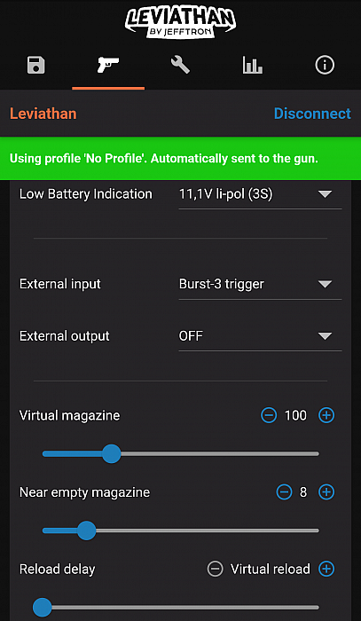 Jefftron Leviathan NGRS mobile app interface showing low battery cutoff, external input output and virtual magazine settings