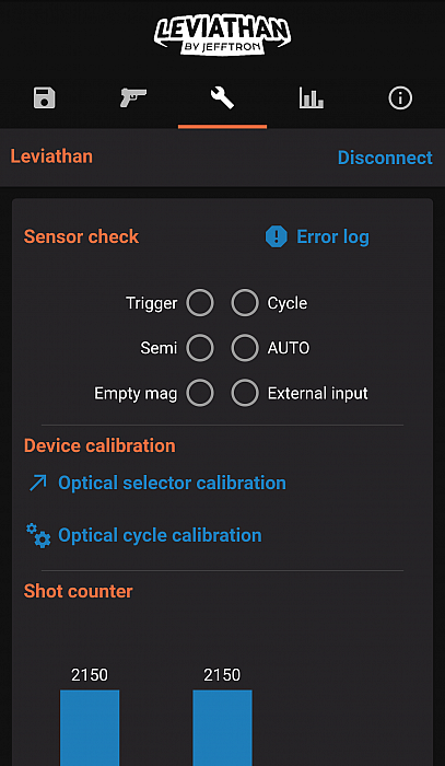 Jefftron Leviathan NGRS mobile app calibration screen showing sensor check, selector calibration and cycle calibration options