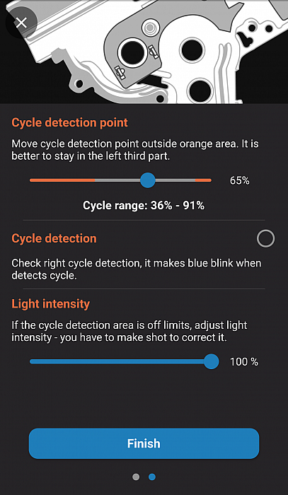 Jefftron Leviathan NGRS mobile app showing cycle detection calibration with detection point and light intensity adjustment