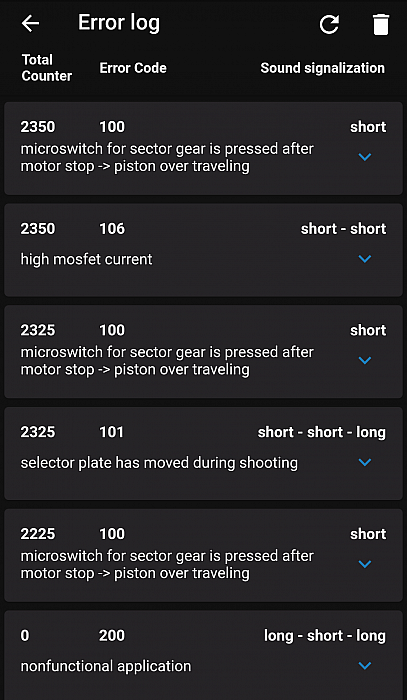 Jefftron Leviathan NGRS mobile app error log screen showing diagnostic error codes, microswitch warnings, and mosfet current alerts