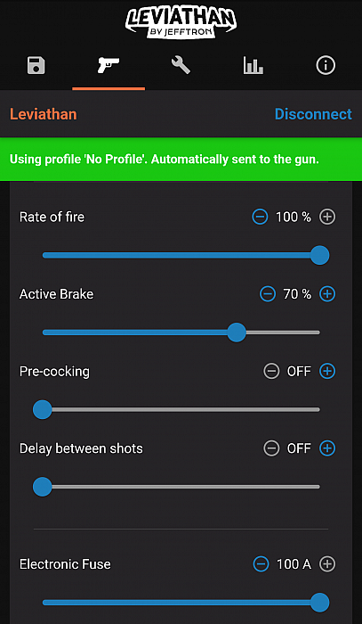 Jefftron Leviathan NGRS mobile app interface showing rate of fire, active brake, precocking and electronic fuse settings