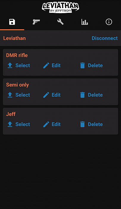 Jefftron Leviathan NGRS mobile app showing profile selection menu with saved firing modes and editable presets