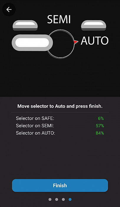 Jefftron Leviathan NGRS mobile app showing selector calibration with SAFE, SEMI and AUTO position detection values