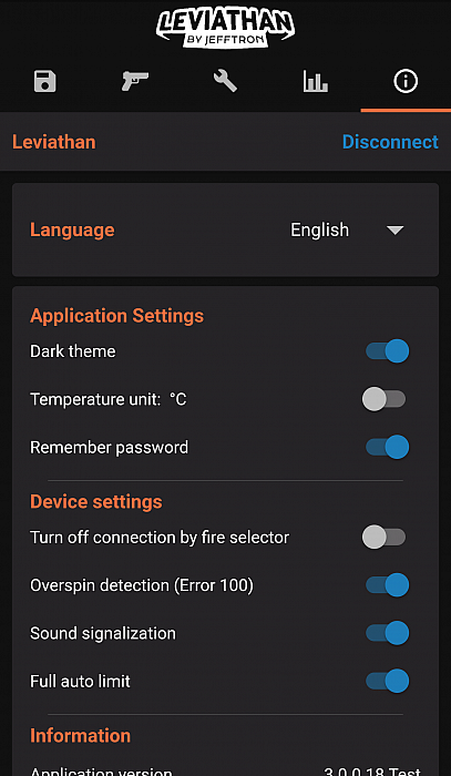 Jefftron Leviathan NGRS mobile app settings menu showing language selection, device settings, and configuration options  