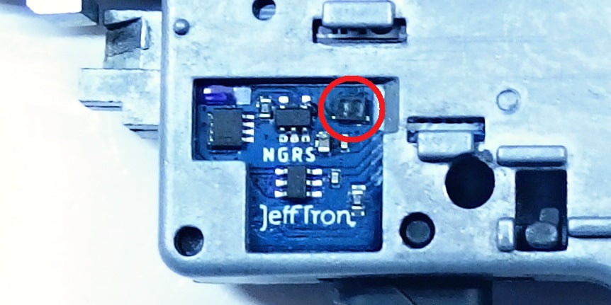 Close-up of Jefftron Leviathan NGRS optical cycle sensor inside gearbox with detection point highlighted