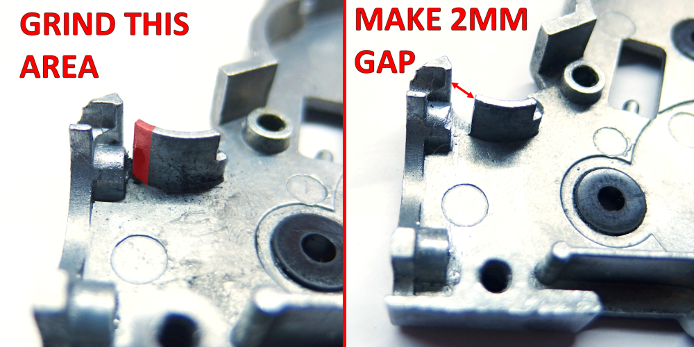 Tokyo Marui NGRS gearbox shell modification showing area to grind and 2mm clearance required for Jefftron Leviathan wiring
