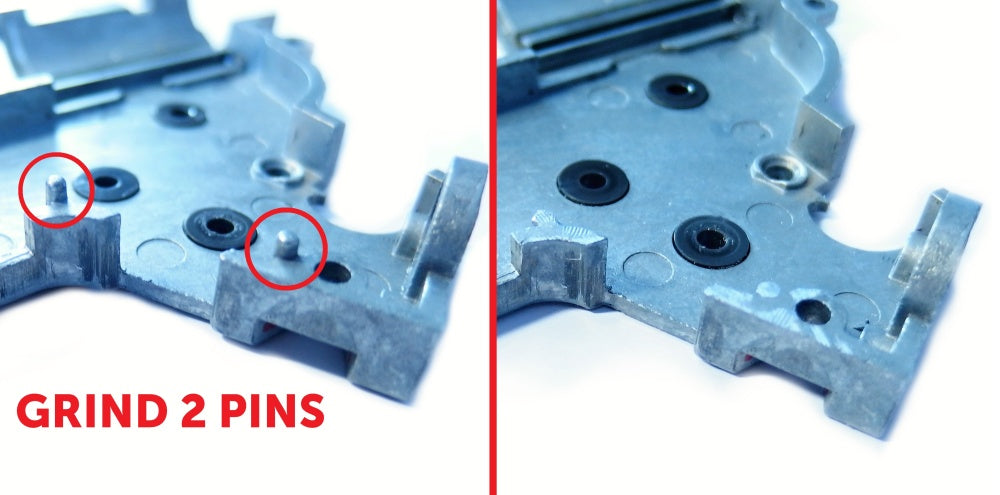Tokyo Marui NGRS gearbox shell showing pins that must be ground down for Jefftron Leviathan installation
