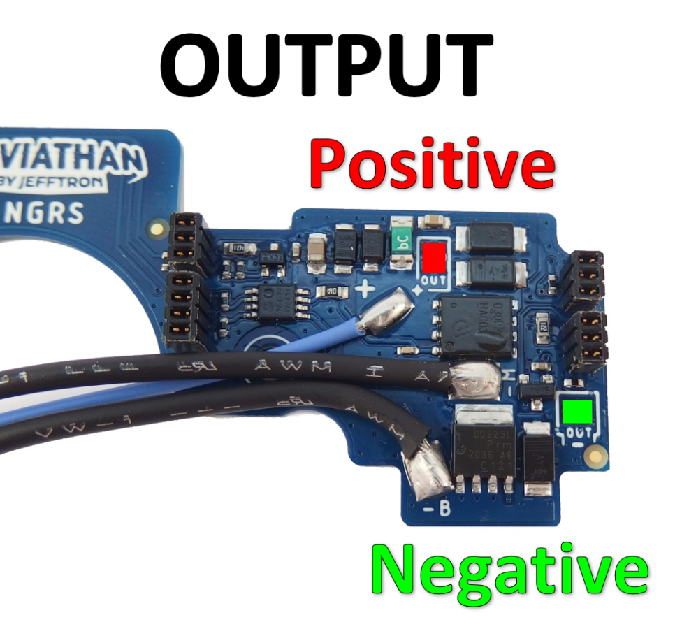 Jefftron Leviathan NGRS output wiring diagram showing positive and negative terminals on mosfet control board  