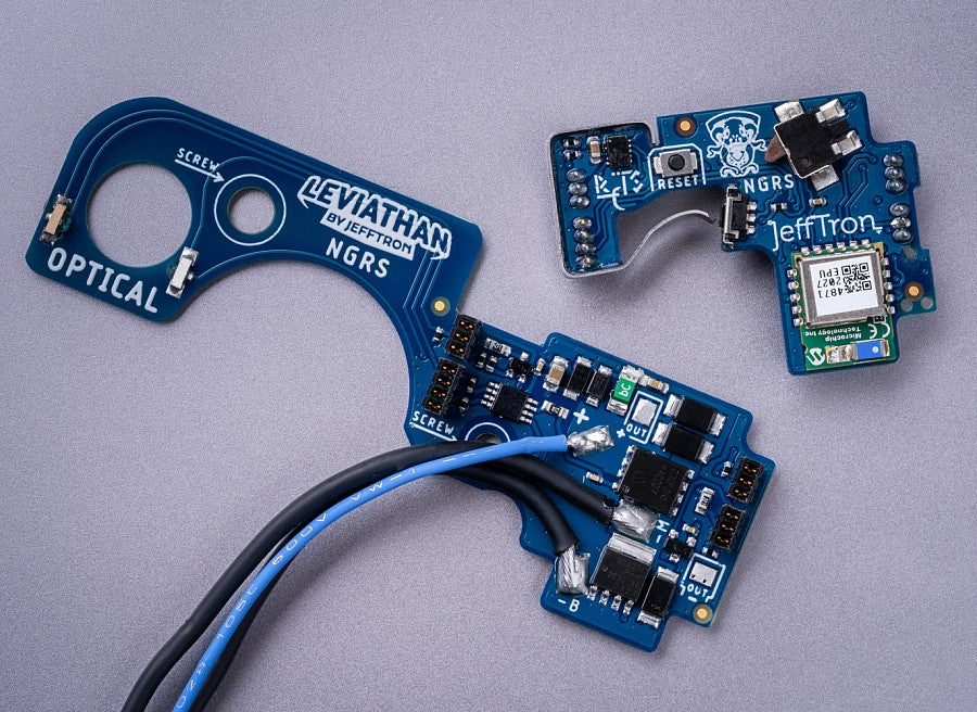 Split view of Jefftron Leviathan NGRS optical MOSFET with Real Feel Trigger System components