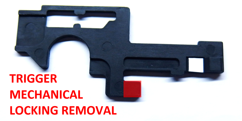 Tokyo Marui NGRS selector plate modification showing area to remove trigger mechanical lock for Jefftron Leviathan installation