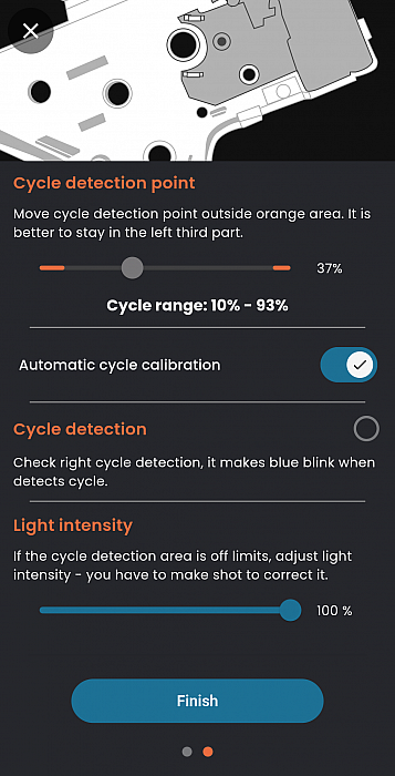 Jefftron Leviathan V2 mobile app cycle detection calibration screen showing adjustable cycle detection point, automatic calibration toggle, and light intensity settings on a dark interface