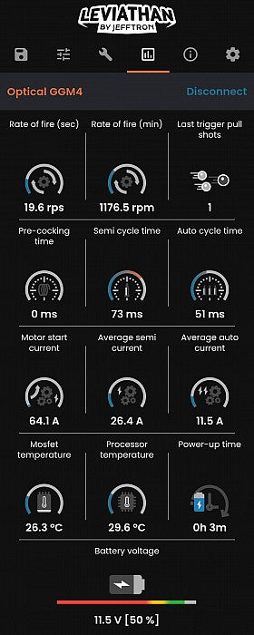 Jefftron Leviathan V2 mobile app displaying performance statistics including rate of fire, trigger response, current draw, and battery voltage on a dark interface
