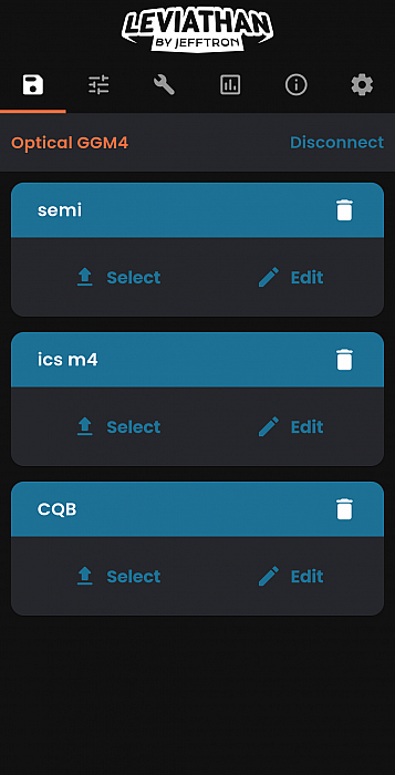 Jefftron Leviathan V2 mobile app showing profile selection menu with multiple fire control profiles on a dark interface