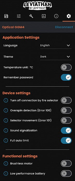 Jefftron Leviathan V2 mobile app settings screen showing language, theme, temperature units, device options, and functional settings on a dark interface