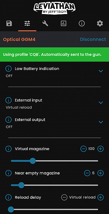 Jefftron Leviathan V2 Optical mobile app showing advanced features including virtual magazine, reload delay, and external input/output settings