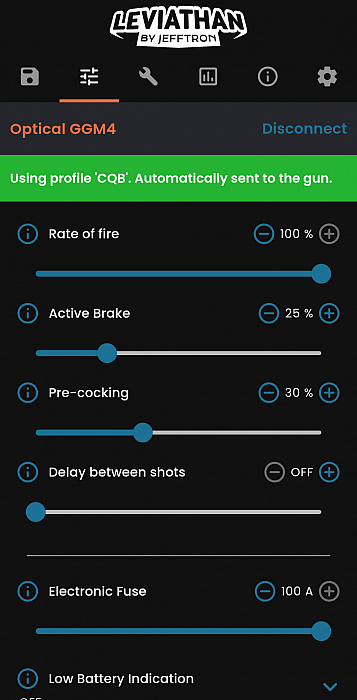 Jefftron Leviathan V2 Optical mobile app showing advanced settings including rate of fire, active brake, precocking, and battery protection