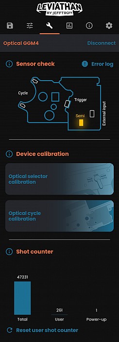 Jefftron Leviathan V2 Optical mobile app showing sensor check, calibration tools, and shot counter diagnostics