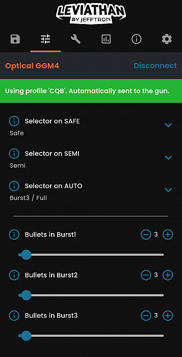 Jefftron Leviathan V2 Optical mobile app showing fire mode configuration with semi, auto, and burst settings