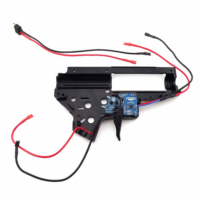 Jefftron Leviathan V2 Optical front wired MOSFET installed in full gearbox with wiring harness and connectors visible
