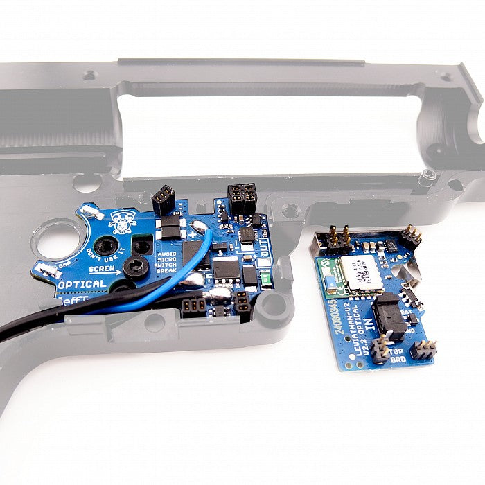 Jefftron Leviathan V2 Optical front wired ETU split board installed in V2 gearbox shell showing trigger unit and rear control module