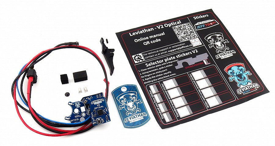 Jefftron Leviathan V2 Optical MOSFET full kit contents including wiring harness, control board, selector stickers, and manual on a white background